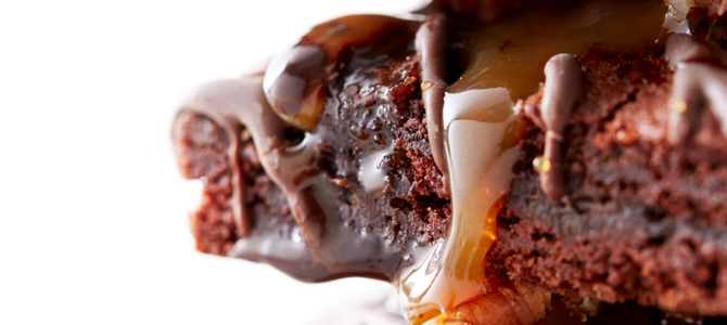 Close up caramel chocolate brownie.