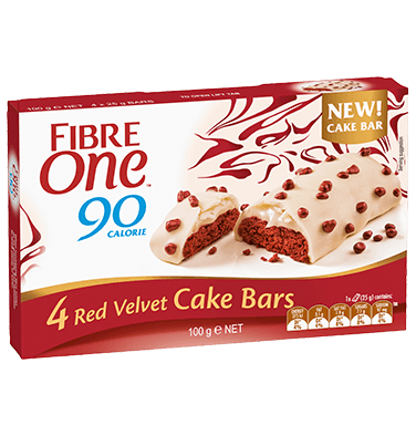 A box of 4 Fibre One 90 Calorie red velvet cake bars.