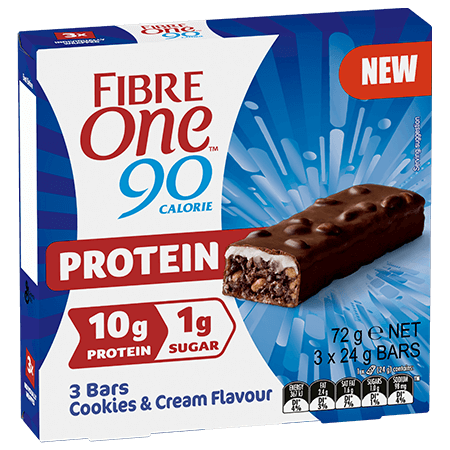A box of 3 Fibre One 90 Calorie cookies and cream flavour bars.